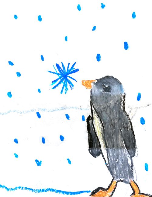 Child’s drawing of a penguin in snow