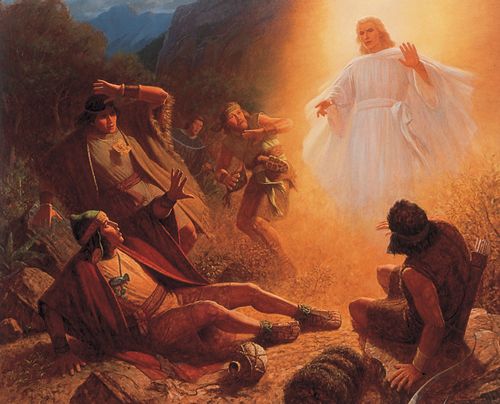 A painting by Gary L. Kapp illustrating an angel appearing in a white robe illuminated with bright light to Alma the Younger and the four sons of Mosiah.