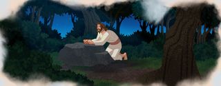 Jesus Christ kneels and prays in the Garden of Gethsemane