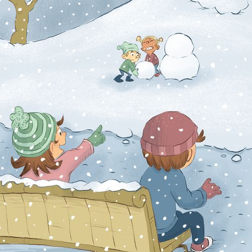 boy and girl on bench, watching children build a snowman