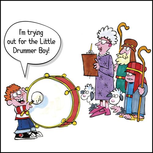 Boy with bass drum at Christmas pageant