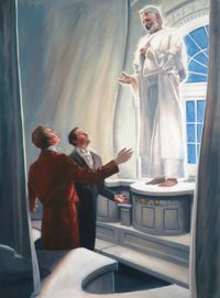 A painting by Dan Lewis showing Elijah in a white robe, standing by a window inside the Kirtland Temple and talking to Joseph Smith and Oliver Cowdery.