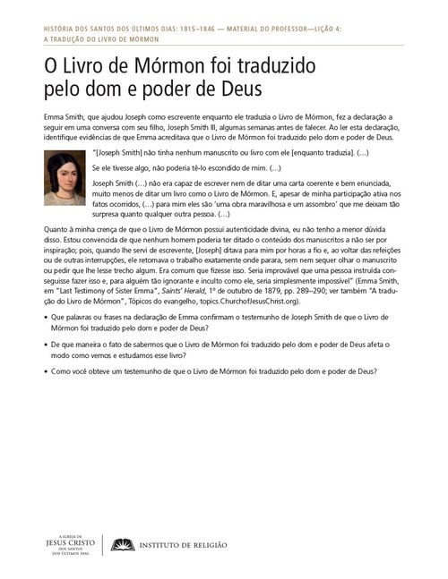 Folha de leitura complementar: O Livro de Mórmon foi traduzido pelo dom e poder de Deus.