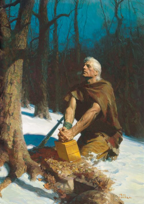 A painting by Tom Lovell depicting Moroni kneeling on a snow-covered hill and resting his clasped hands on the gold plates near a hole by a tree trunk.