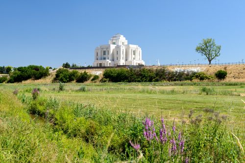 A view of the Meridian Idaho Temple from across a green field.