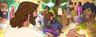 Jesus Christ talks to a large group of people, and His disciples bring bread and jars of wine to Him