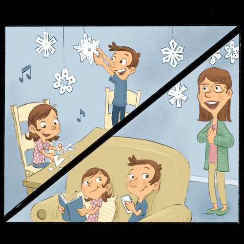 boy and girl hanging snowflake decorations