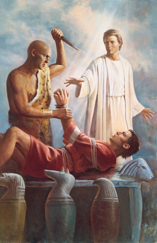A painting by Del Parson showing an angel stopping the hand of the priest who is raising a knife to sacrifice Abraham.