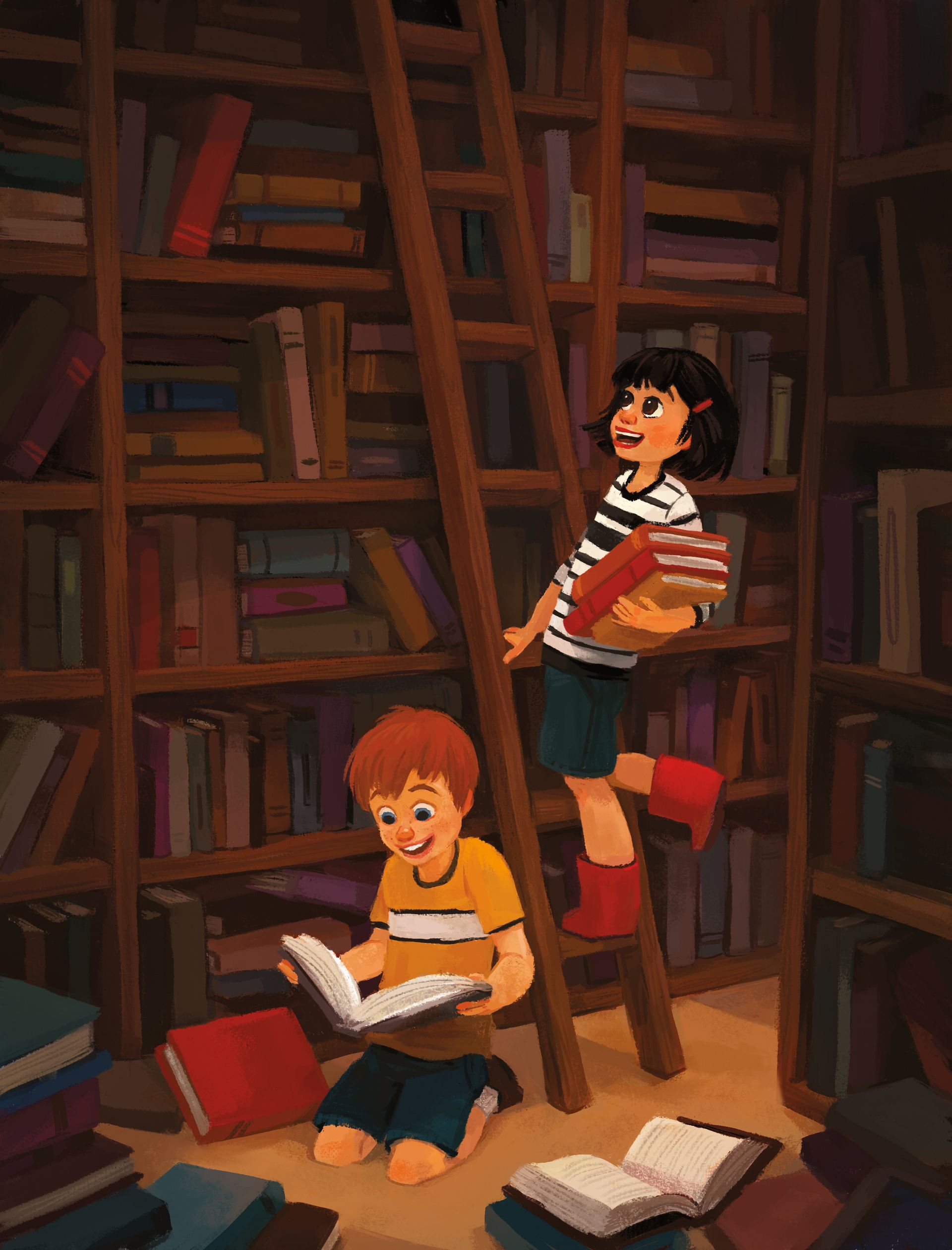 A boy and a girl pull books from large bookshelves.