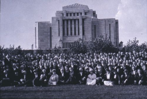 Saints at the dedication of the Cardston Alberta Temple