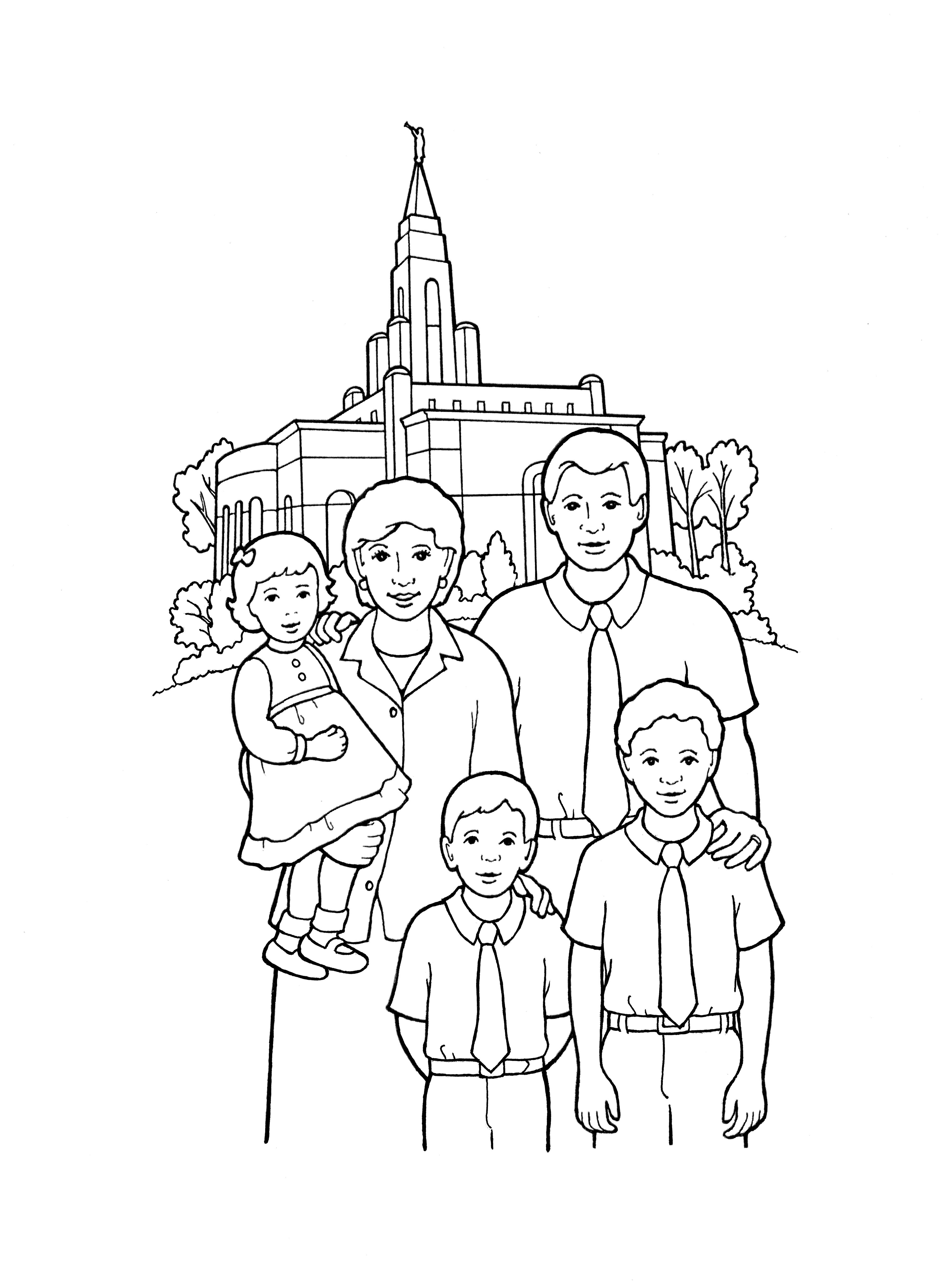 An illustration of a family standing in front of a temple.