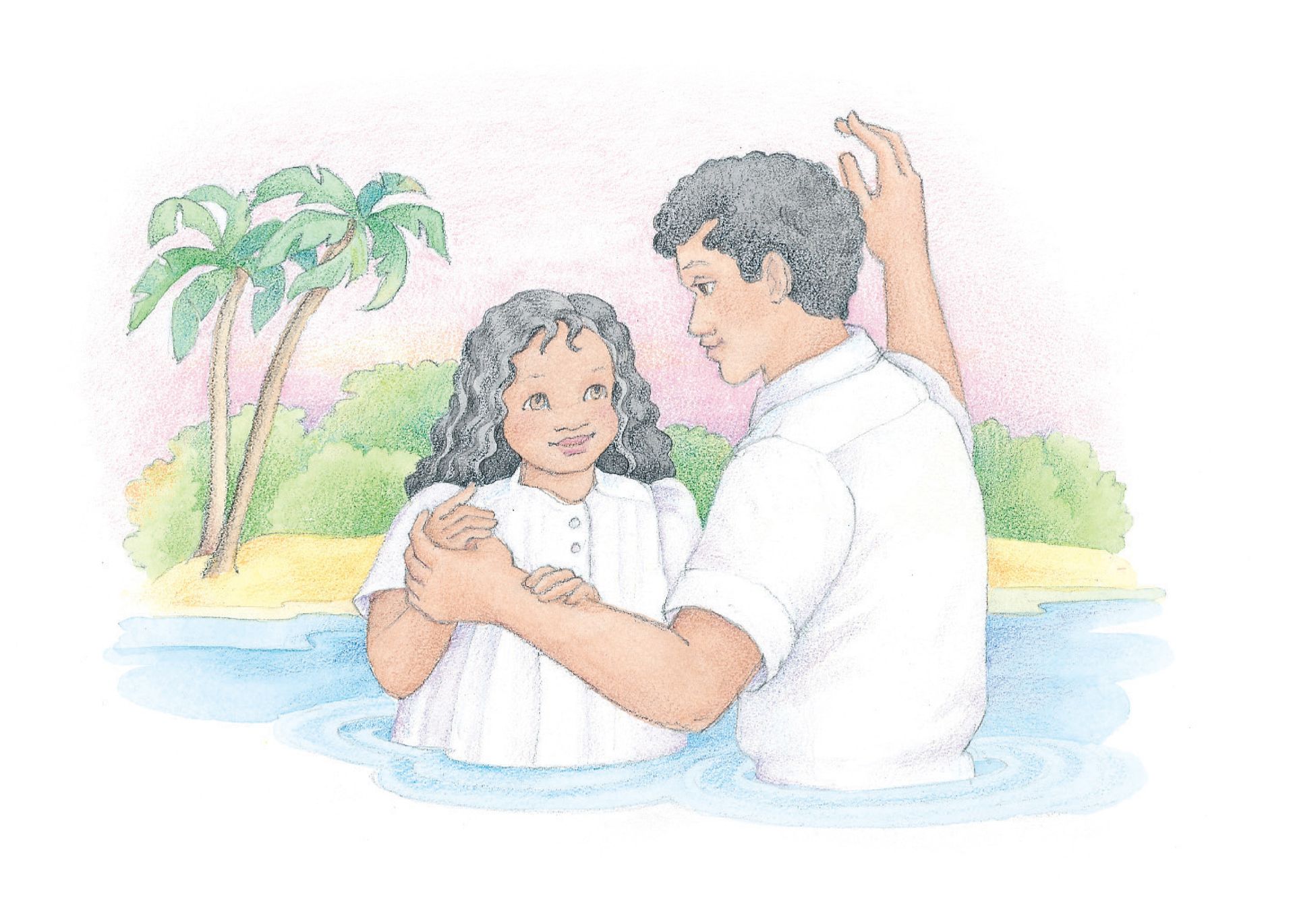 A girl being baptized by her father. From the Children’s Songbook, page 101, “Baptism”; watercolor illustration by Phyllis Luch.
