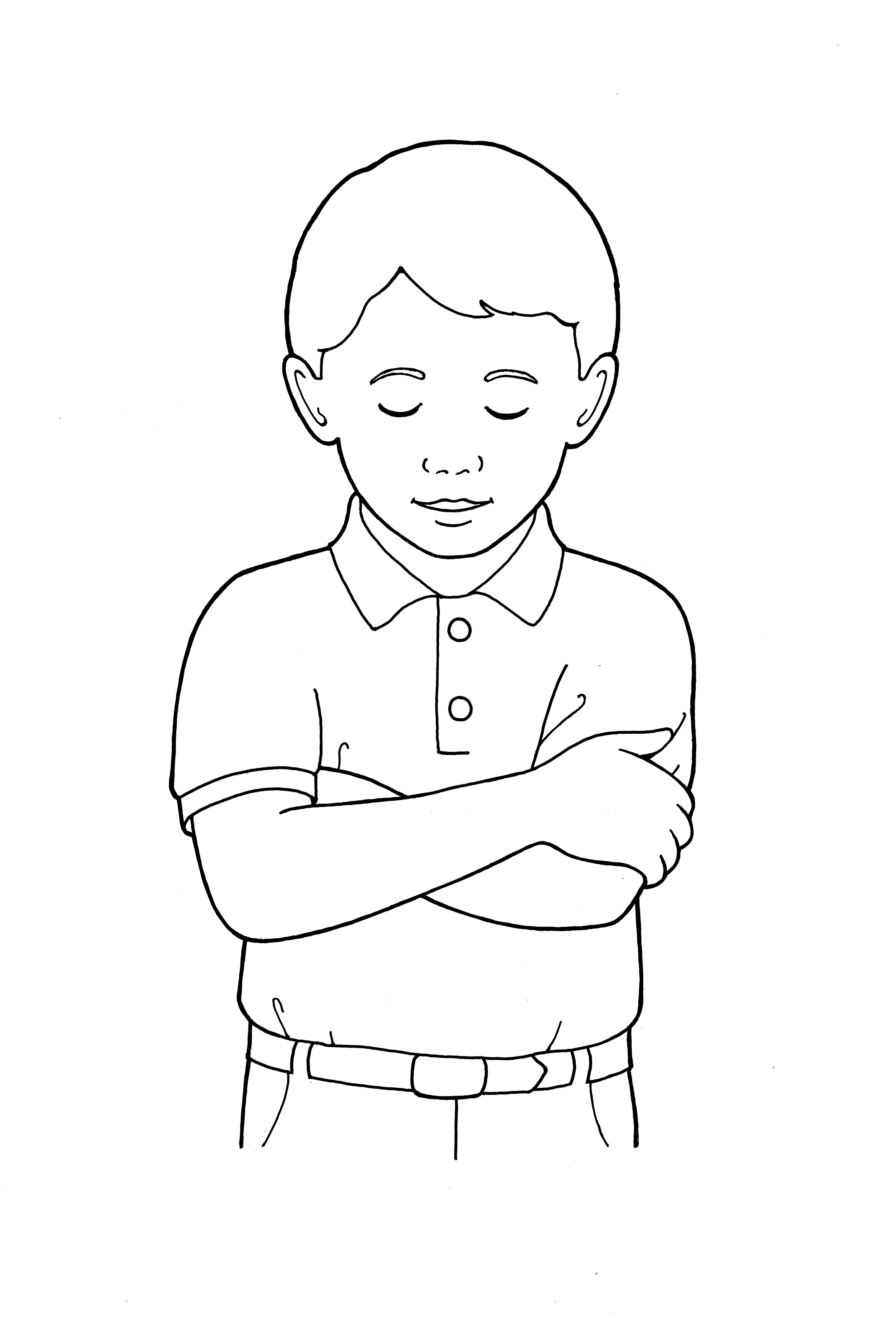 An illustration of a boy praying, from the nursery manual Behold Your Little Ones (2008), page 87.