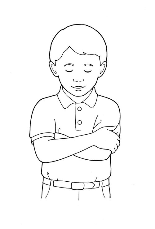 A black-and-white illustration of a boy in a two-buttoned collared shirt with his arms folded, his eyes closed, and his head bowed in prayer.