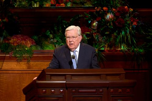 President M. Russell Ballard speaks during the Saturday evening session of General Conference. October 2, 2021.