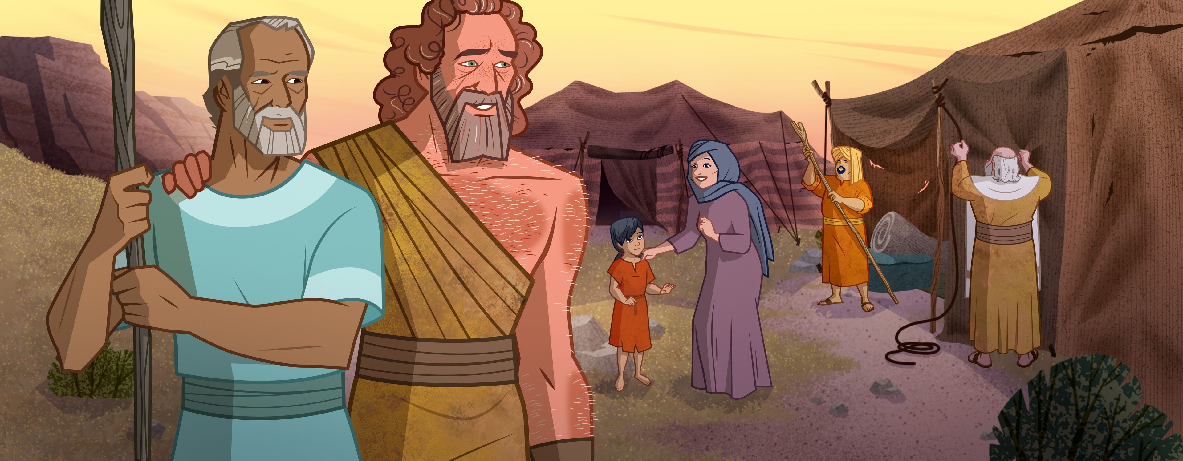 Gravura de Jacó e Esaú olhando para a família. 
Gênesis 33:17–20