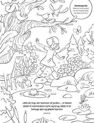 a coloring page of a girl walking through a forest scene