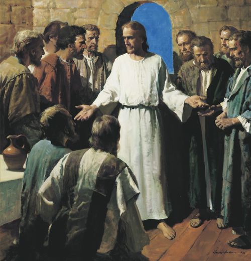 The resurrected Jesus Christ appearing to the Apostles in an upper room. Christ has His hands outstretched as He shows the prints of the nails in His hands to the Apostles. The Apostles are gathered around Christ and look at Him in wonder.