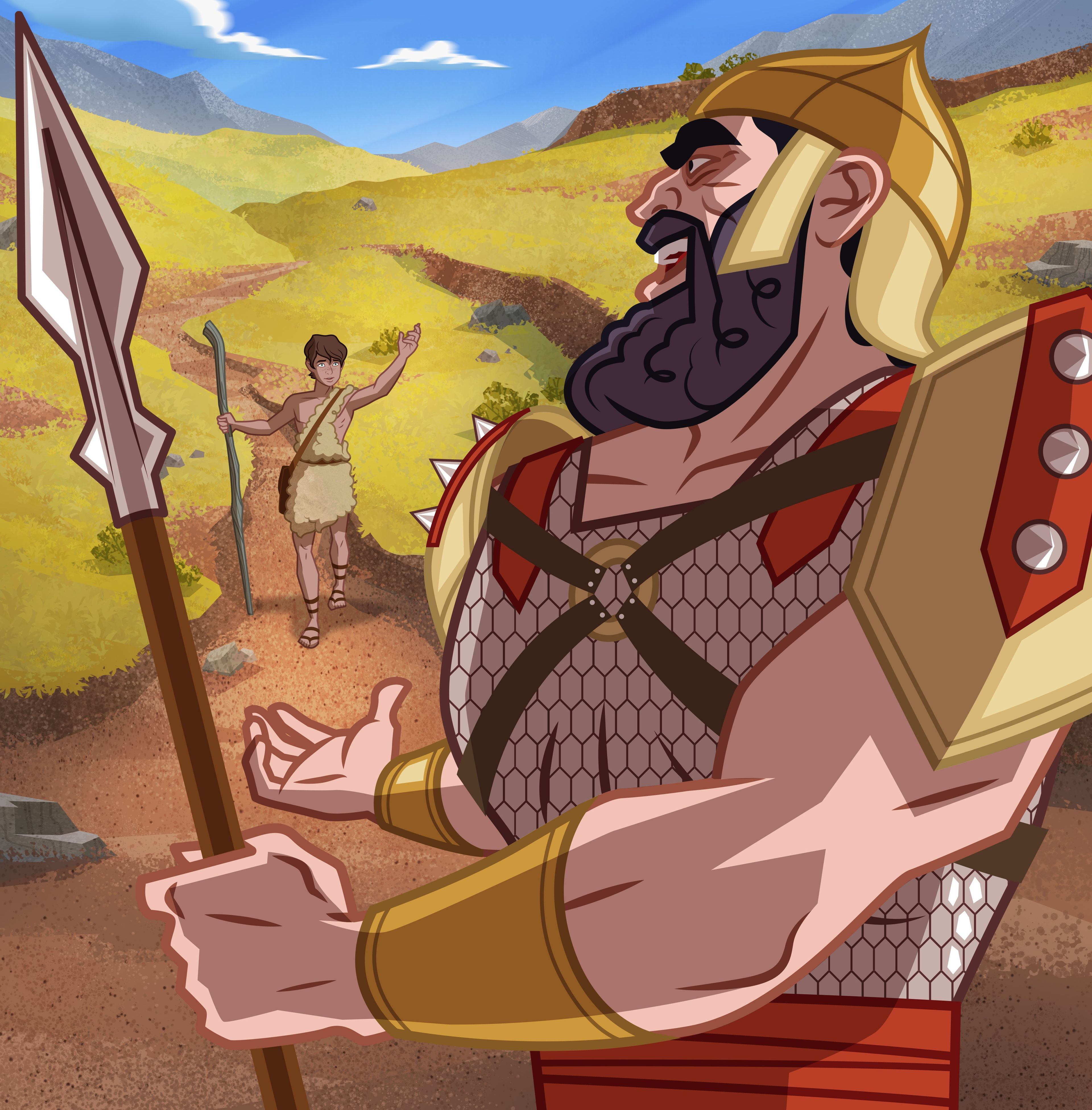 Illustration of David talking to Goliath. 1 Samuel 17:42–47