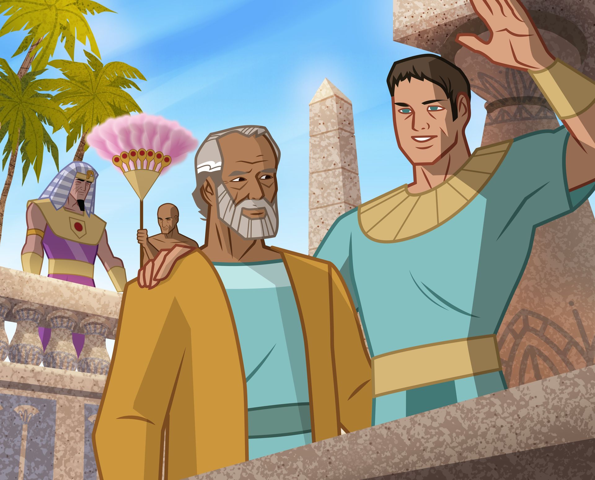 Illustration of Joseph and Jacob in Egypt, Pharaoh watching. Genesis 45:16–23