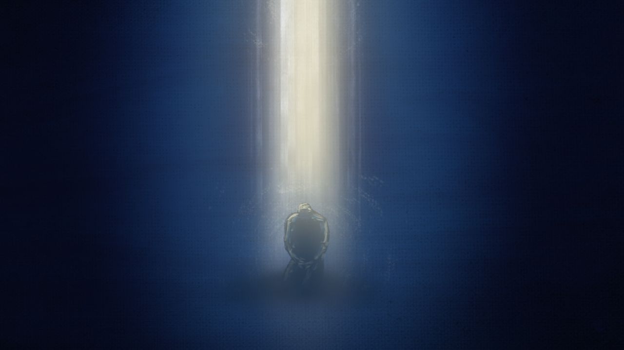 A man kneels in prayer as a column of light descends from heaven onto him