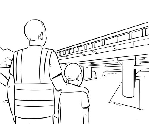 Ilustración de un hombre y un niño mirando un puente