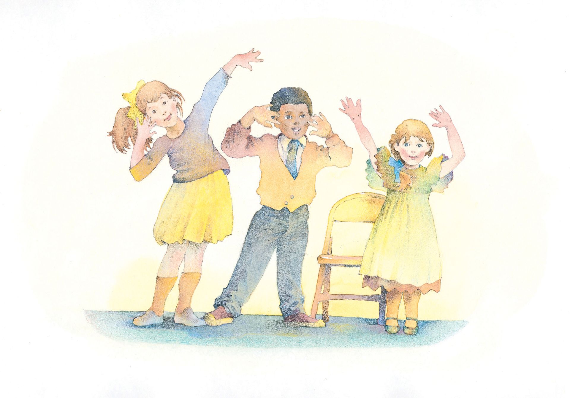 Three children dance during singing time. From the Children’s Songbook, page 279, “Oh, How We Love to Stand”; watercolor illustration by Richard Hull.