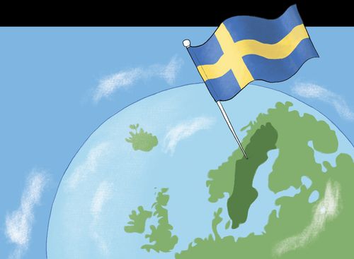 An illustration with the flag of Sweden rising up out of a darkened area of the map which is the country of Sweden.