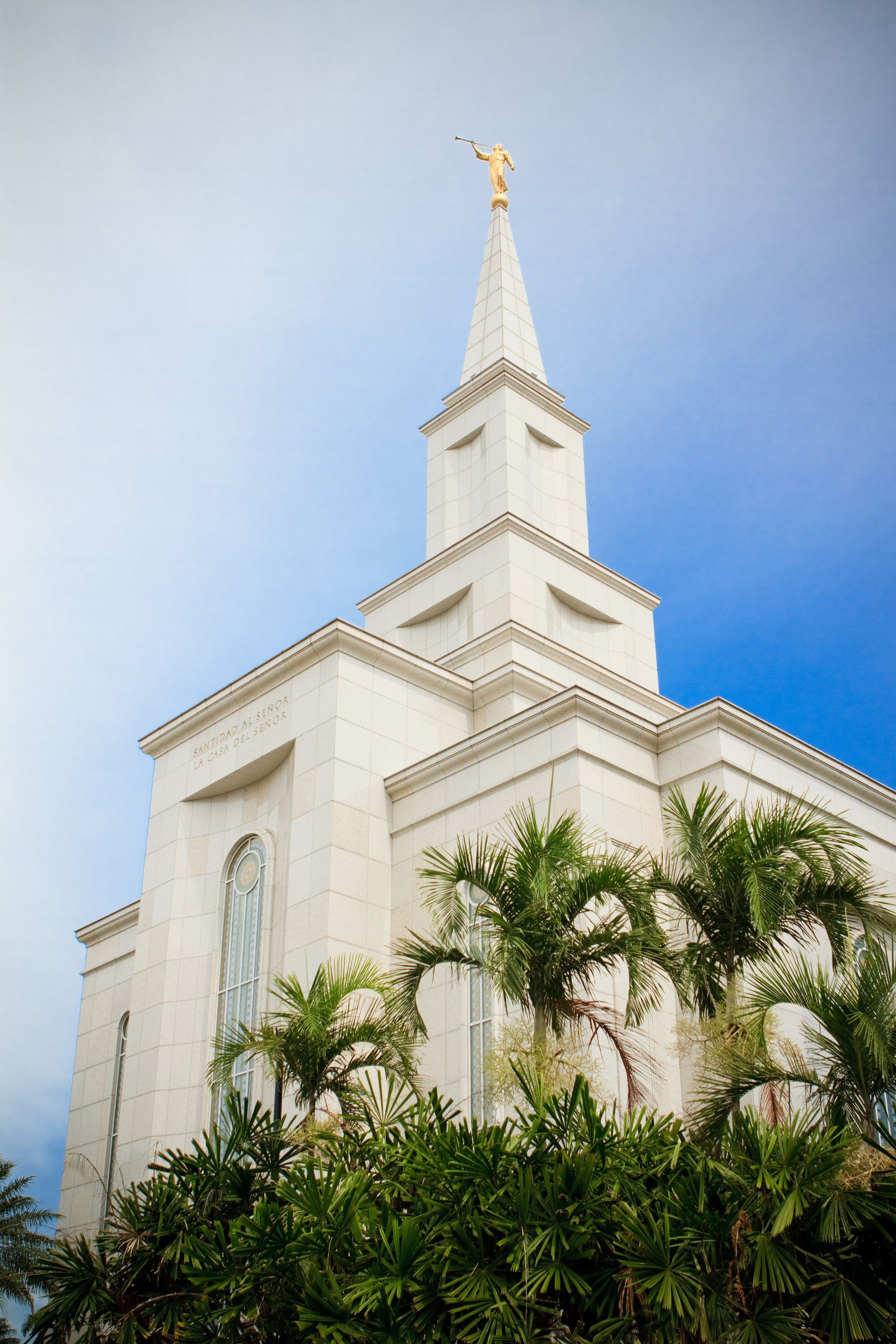 An upward view of the spire of the Guayaquil Ecuador Temple.