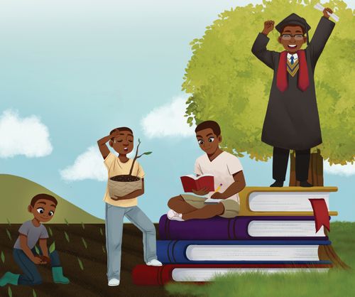 Boy farming, then reading, then standing on top of a pile of books