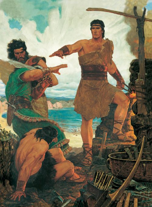 A painting by Arnold Friberg depicting Nephi standing near a stone fireplace with one arm outstretched, rebuking his brothers.