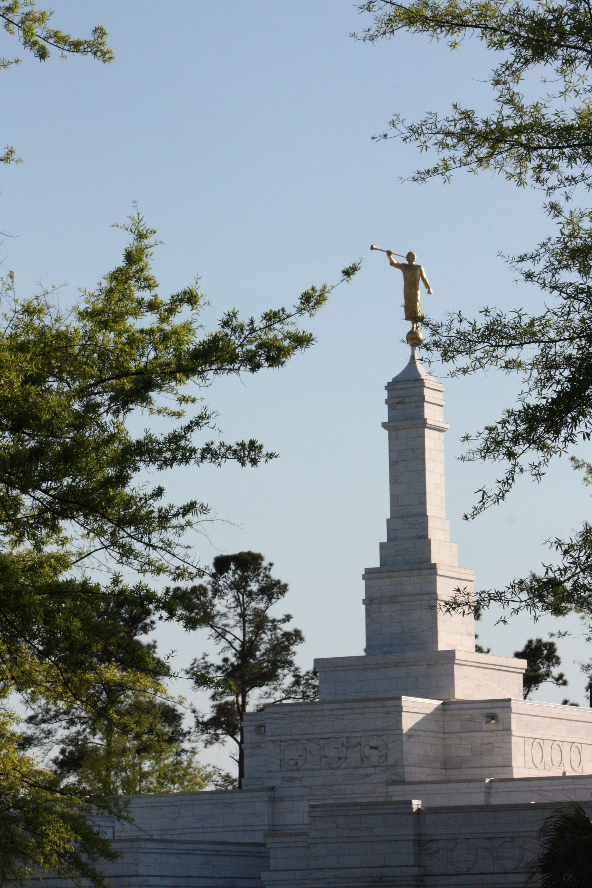 The spire and the angel Moroni on top of the Columbia South Carolina Temple.