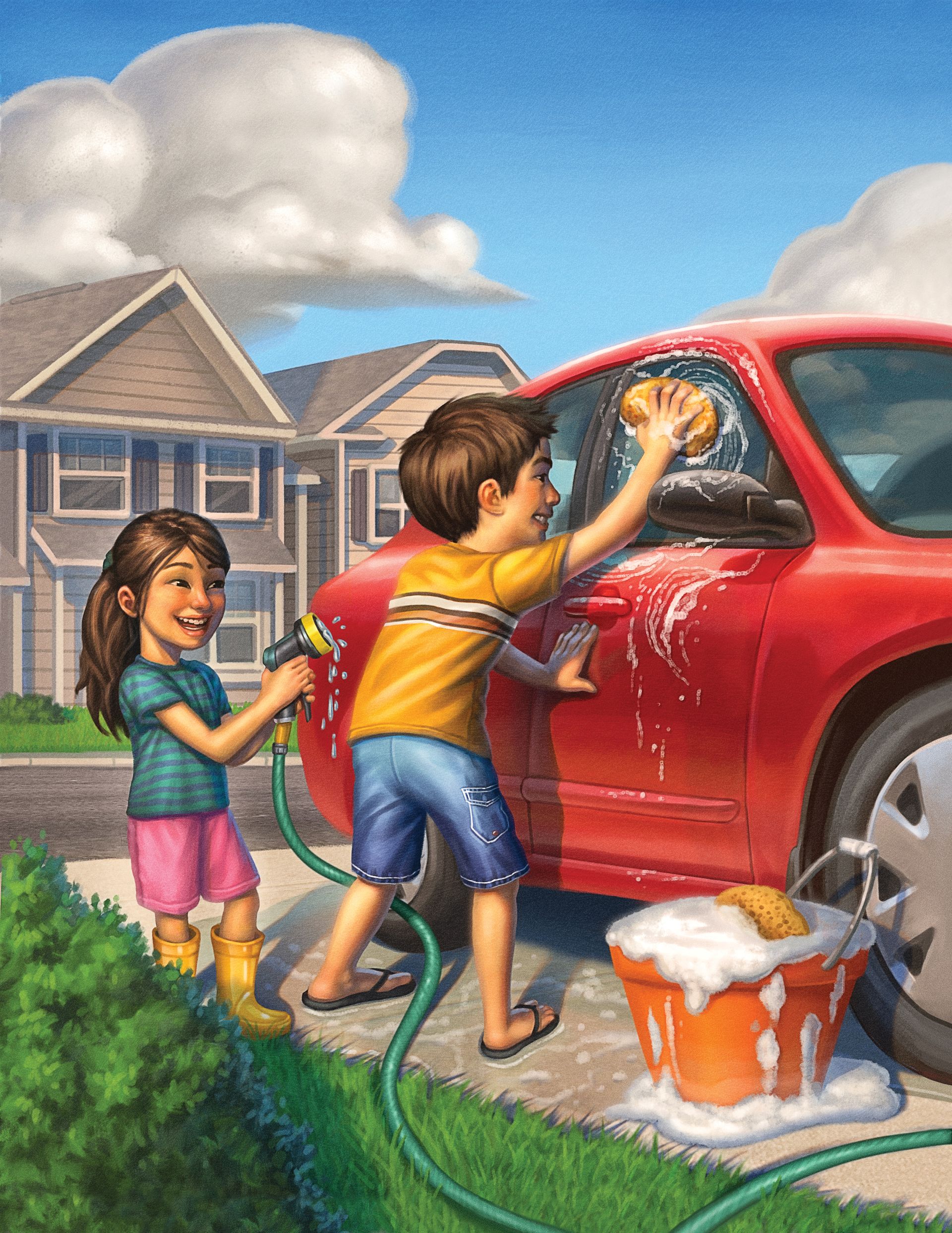 A brother and a sister wash the car together in the driveway.
