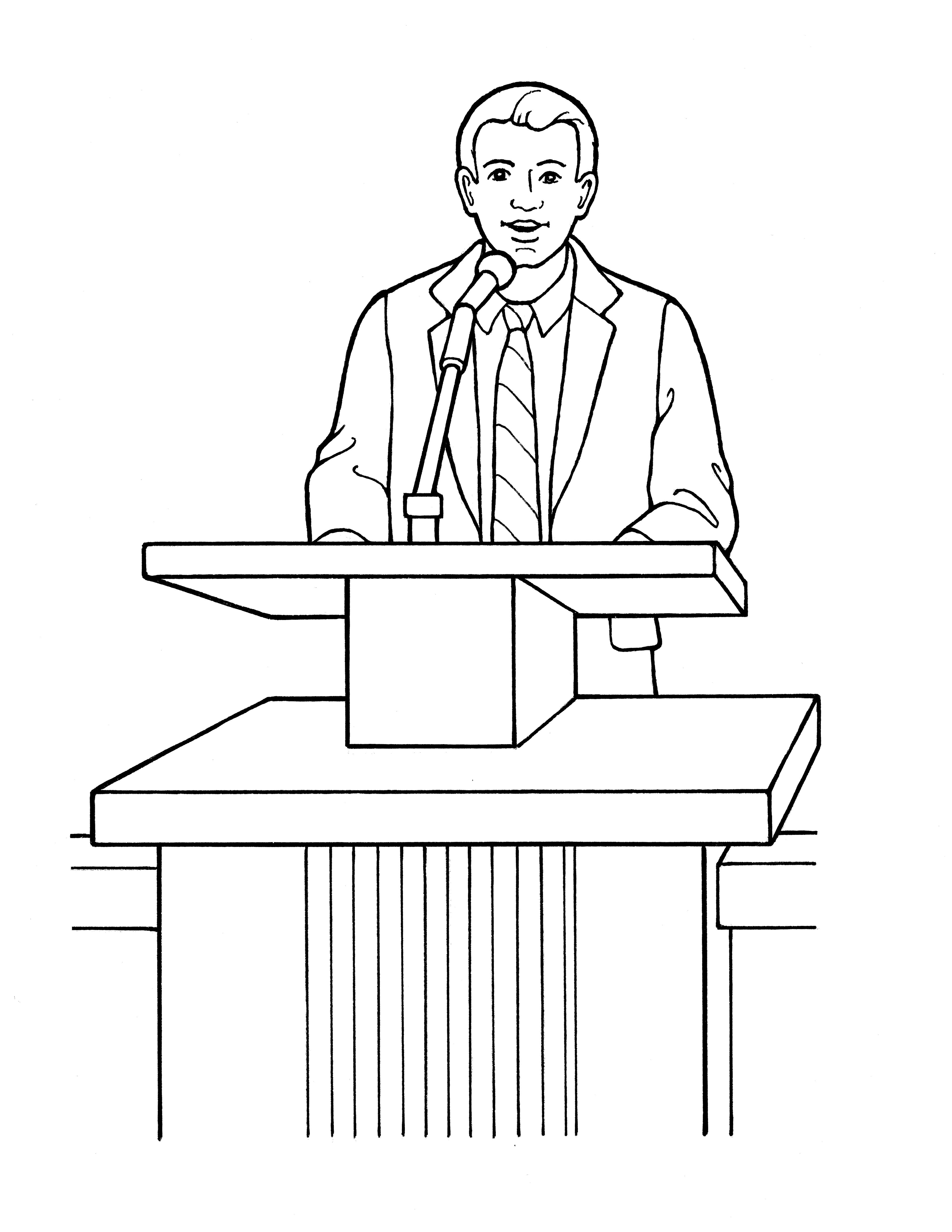 An illustration of a Bishop speaking at church.