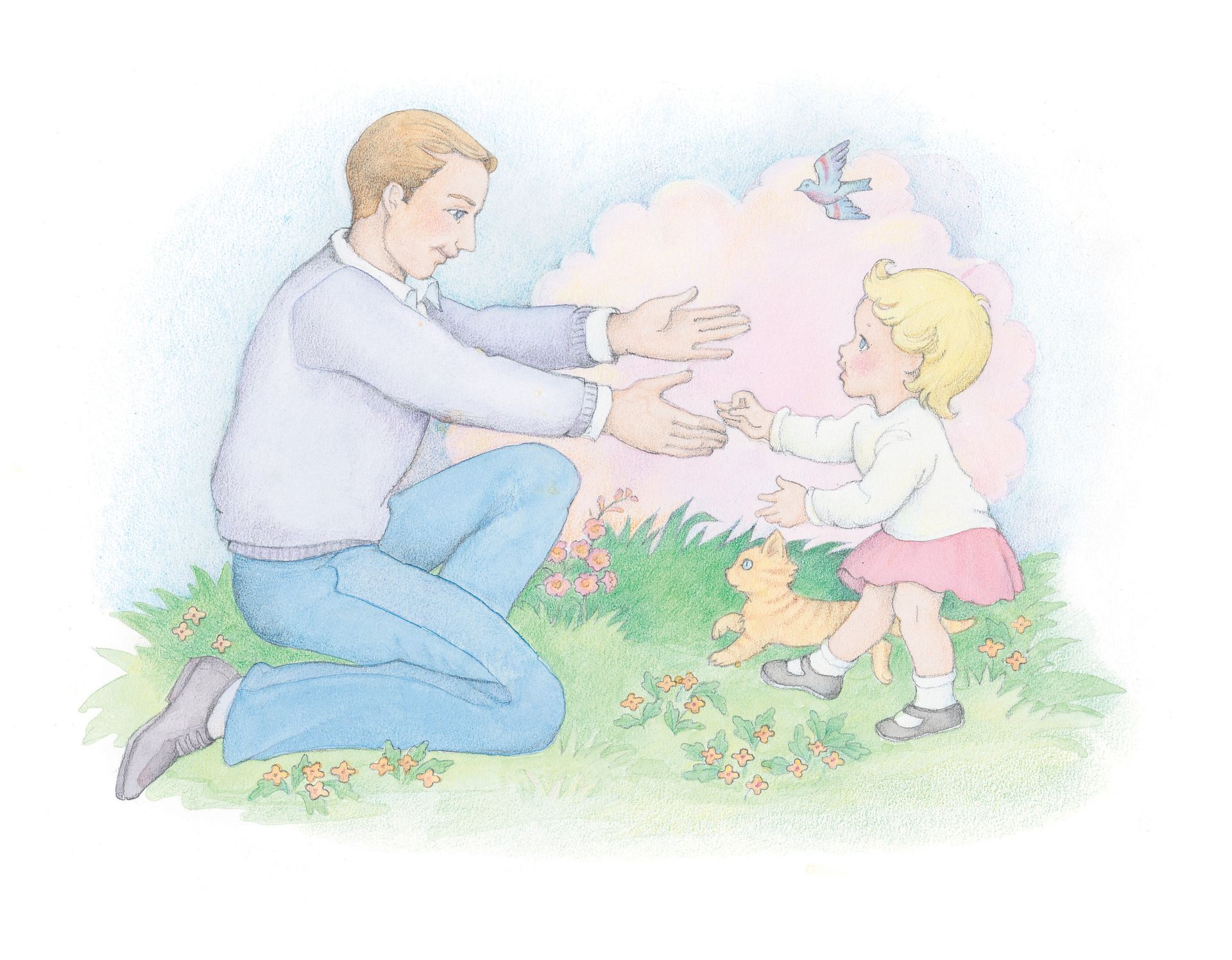 A toddler walking toward her father. From the Children’s Songbook, page 180, “How Dear to God Are Little Children”; watercolor illustration by Phyllis Luch.