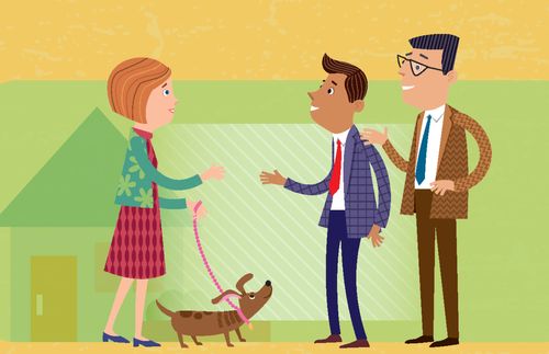 A man and young man talking to a woman who is walking a dog.