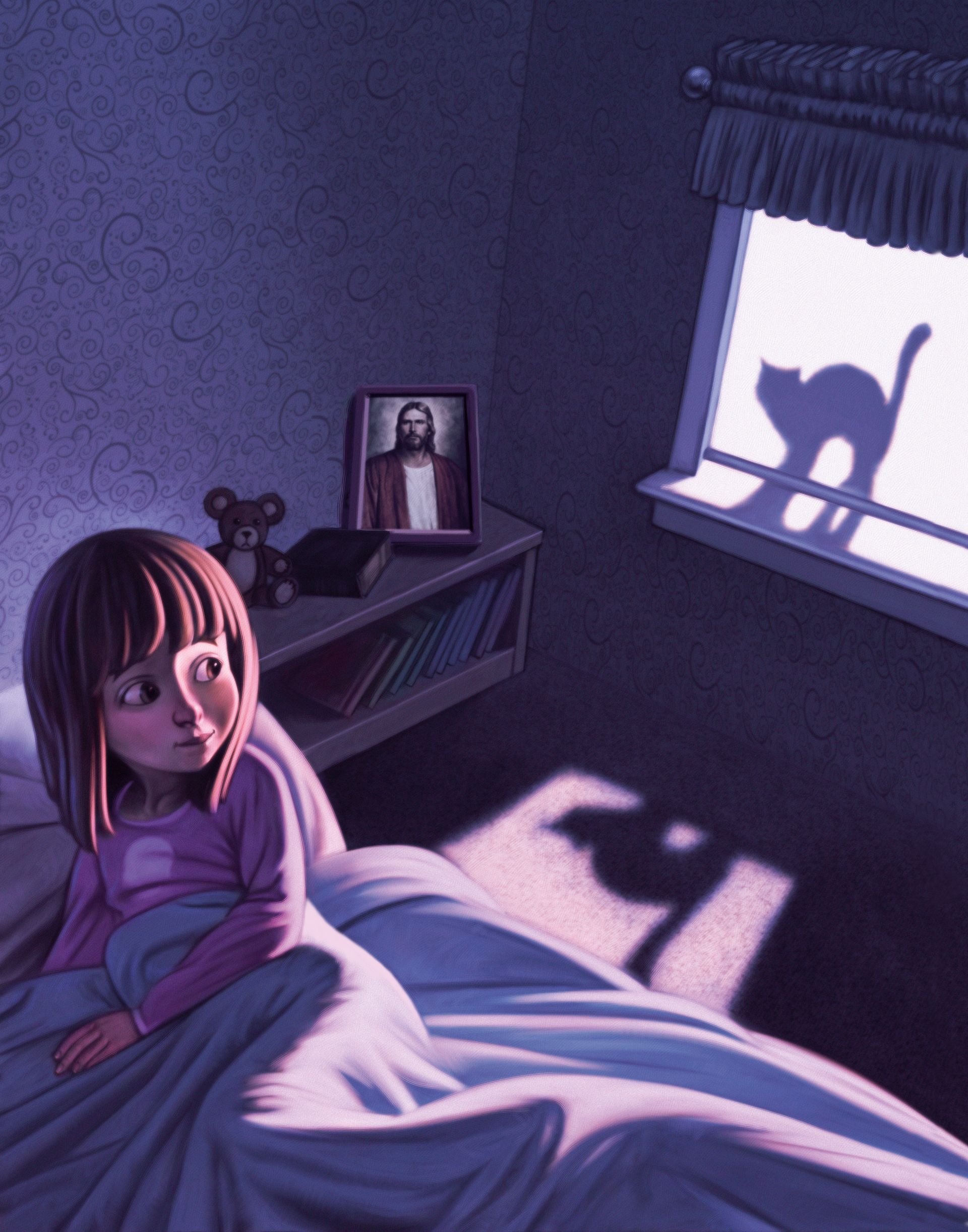 A young girl sits up in her bed at night, scared of the shadow of a cat outside of her window.