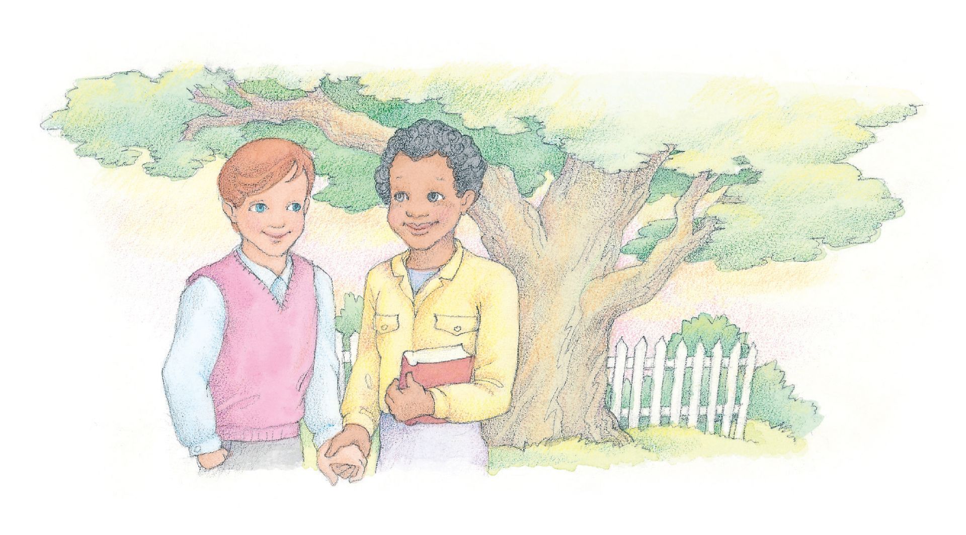 Two friends holding hands and smiling. From the Children’s Songbook, page 146, “Keep the Commandments”; watercolor illustration by Phyllis Luch.