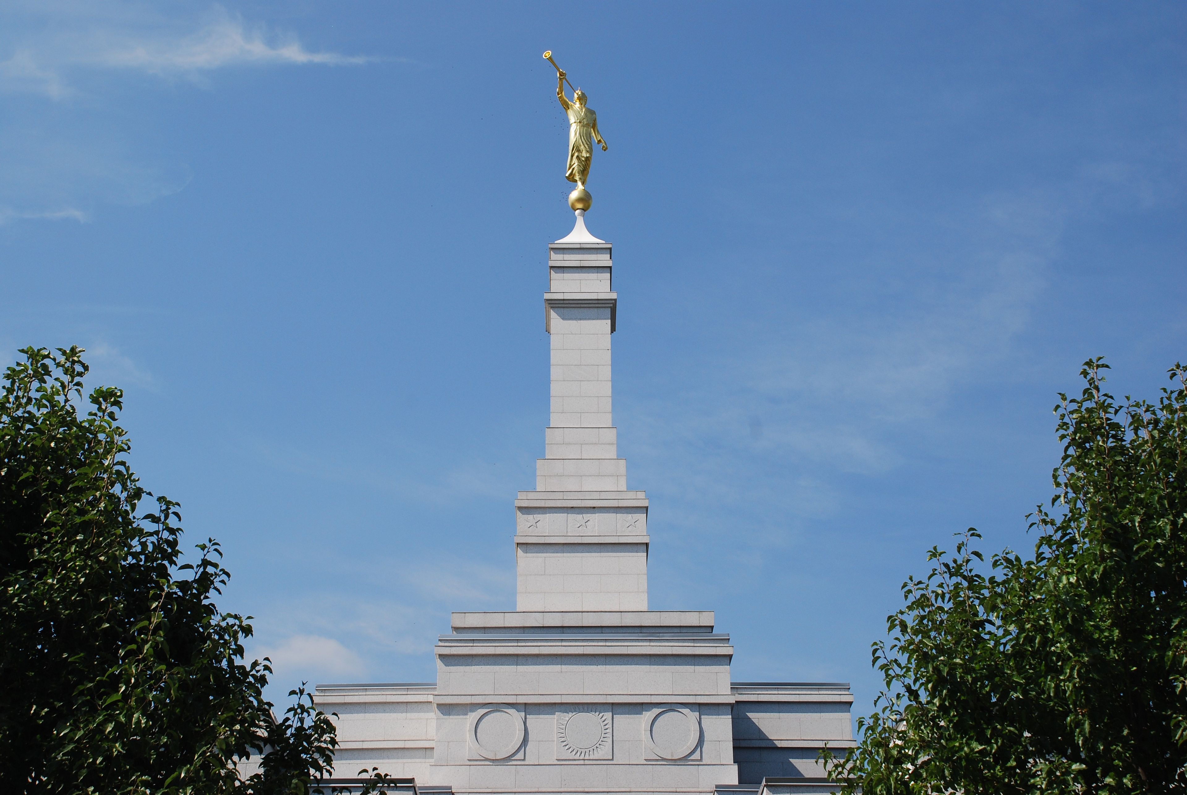 An image of the spire on the Palmyra New York Temple, with the angel Moroni on top.