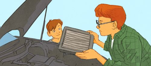 Boy and dad fixing a car