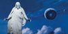 Christus statue in front of universe mural