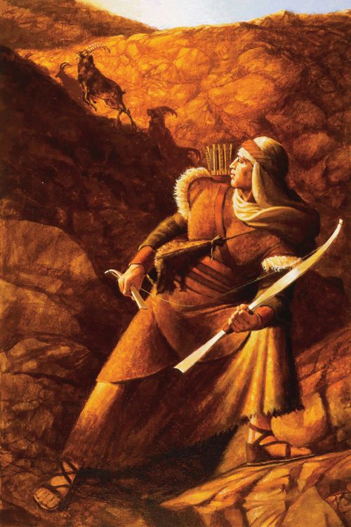 A painting by Michael Jarvis Nelson of Nephi standing on large rocks and holding his broken bow while looking back at rams running up a hill.