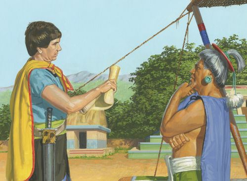 A painting by Jerry Thompson depicting Aaron standing and reading from a parchment roll to Lamoni’s father, who is standing and resting his chin in his hand.