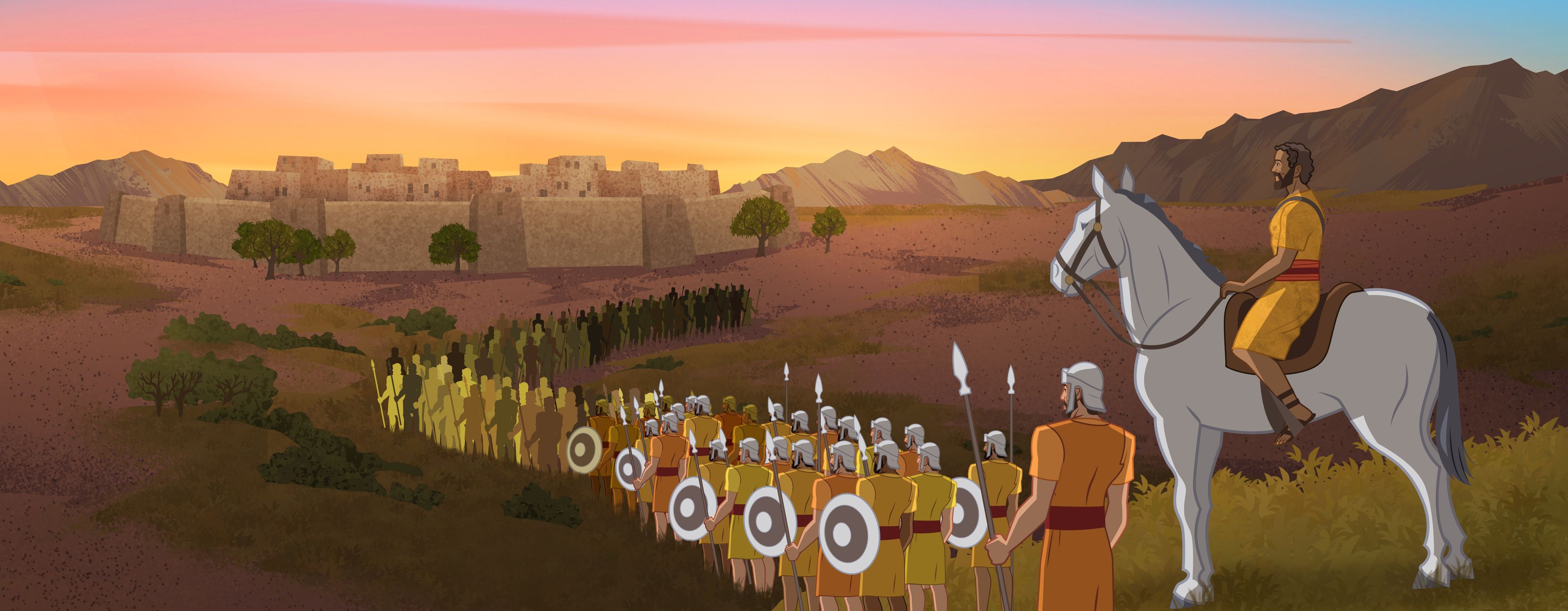 Illustration of Israelites marching toward city. Joshua 5:13–15; 6:1–5