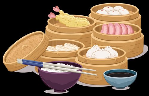 This image is a close up of the food. Spot illustrations of various Hong Kong landmarks, a number of neon signs featuring Chinese letters, and dim sum.