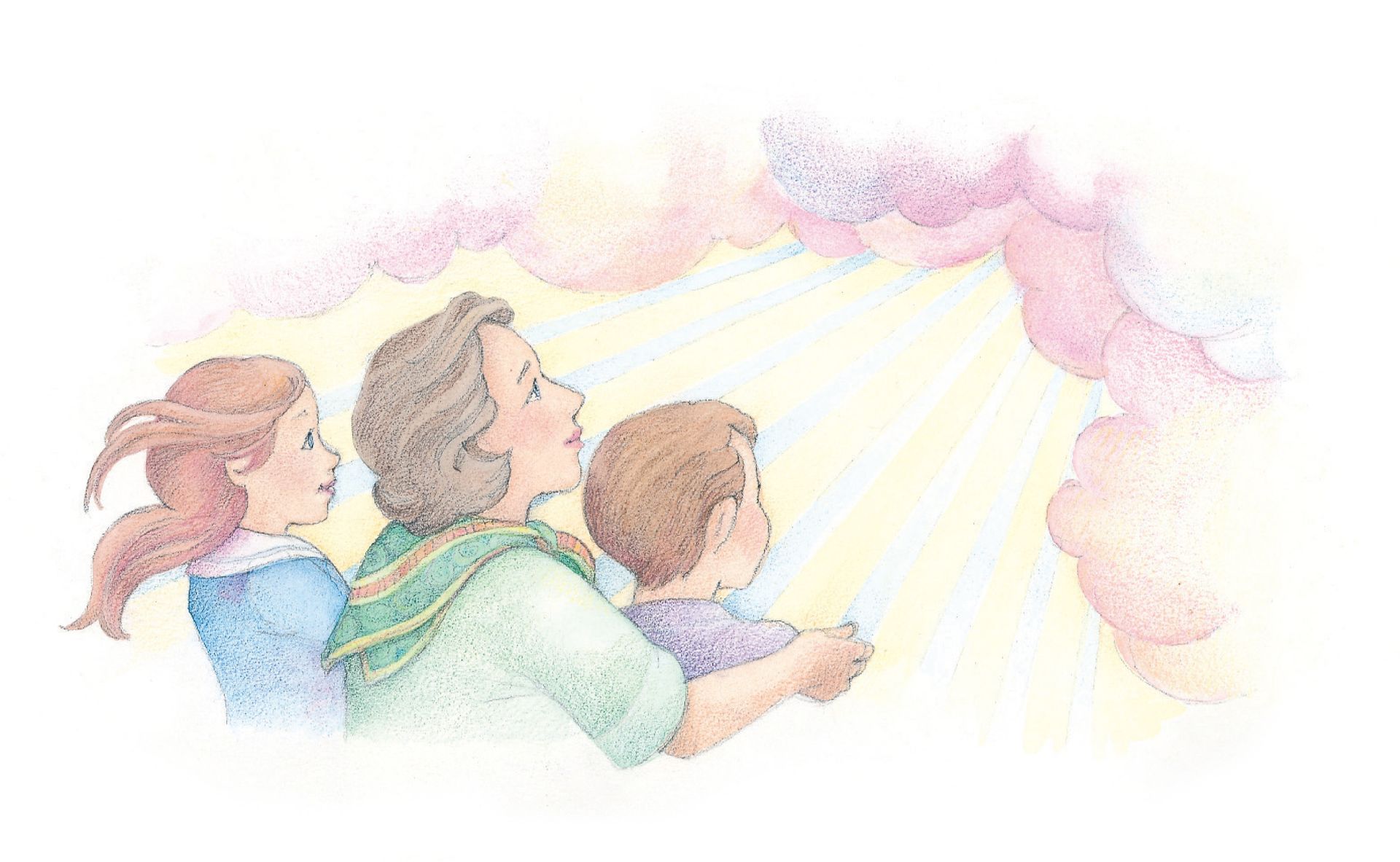 A woman and two children looking toward the sun. From the Children’s Songbook, page 176, “Tell Me, Dear Lord”; watercolor illustration by Phyllis Luch.