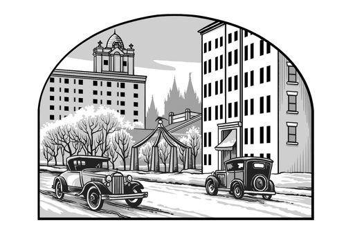 downtown Salt Lake City and 1920s automobiles in the snow