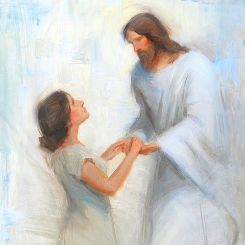 young woman taking the Savior’s hands