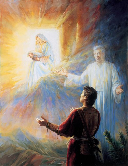 A painting by Judith A. Mehr of Nephi looking up and seeing a vision of an angel and the Virgin Mary holding Jesus Christ as an infant.