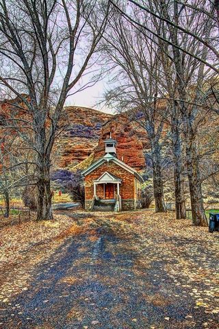 A dirt road bordered by tall trees with leaves on the ground leading to a small chapel in Echo, Utah.